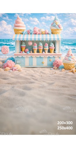 Tło fotograficzne „Lodowa budka na plaży – pastelowa słodka aranżacja” | UB_790